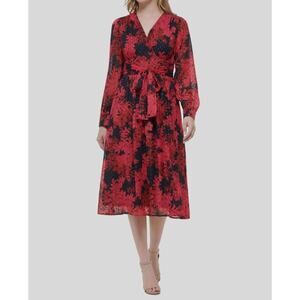 Tommy Hilfiger Women's Red Glitter-Dot Floral V-Neck Self-Tie Dress Size 12